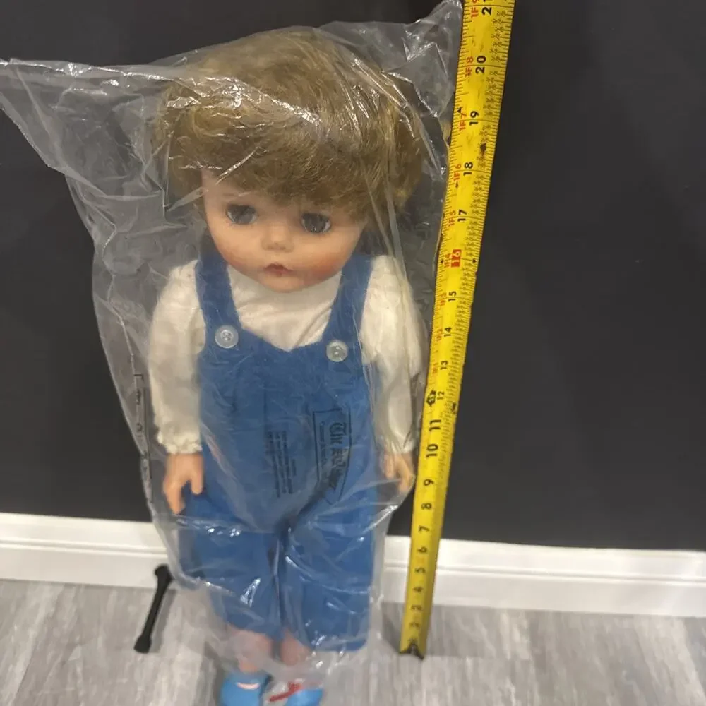 Vintage 19” Hard Plastic Blonde Girl Blue Jumper Overall Outfit *
